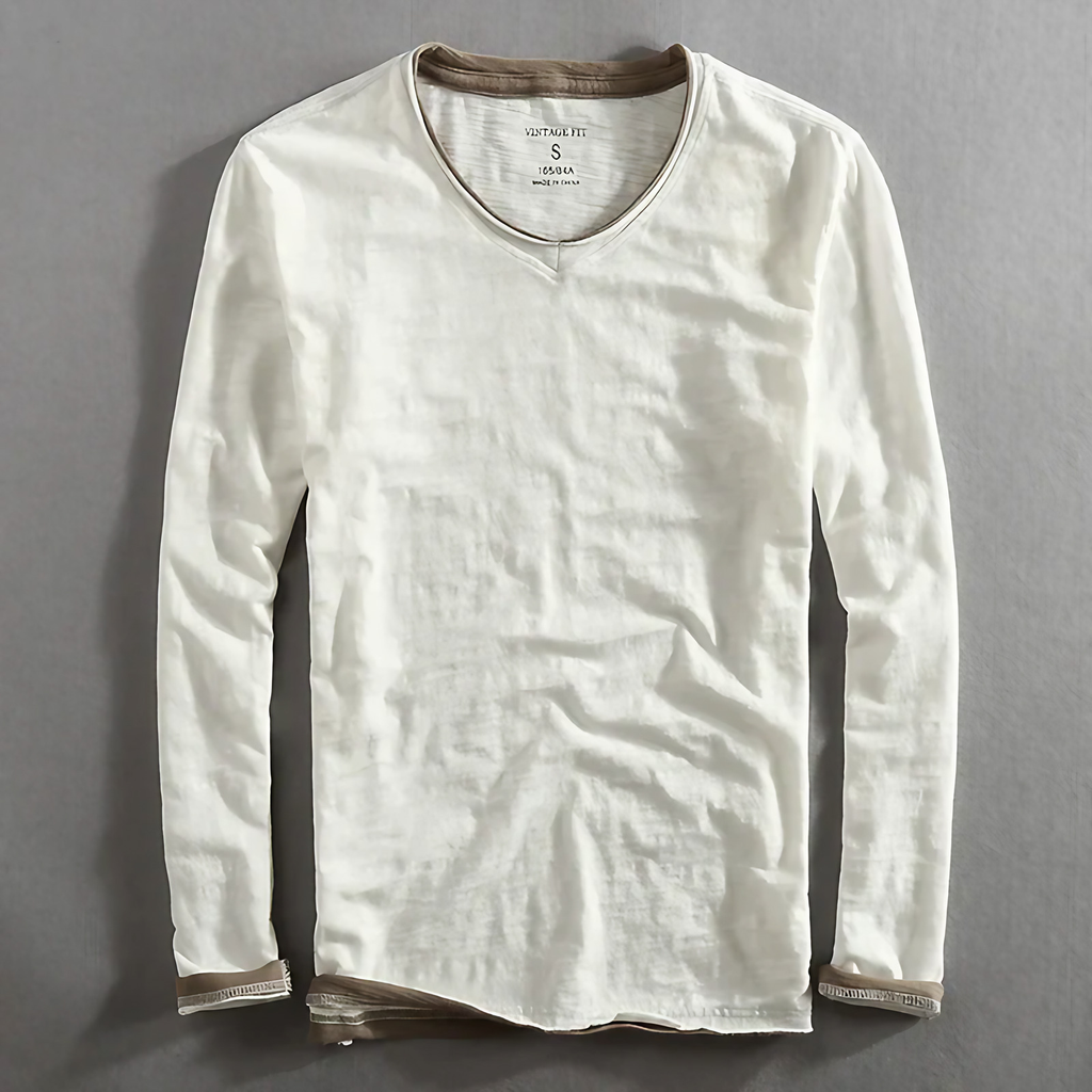 T-shirt homme à manches longues col V, noir, blanc ou marine, blanc
