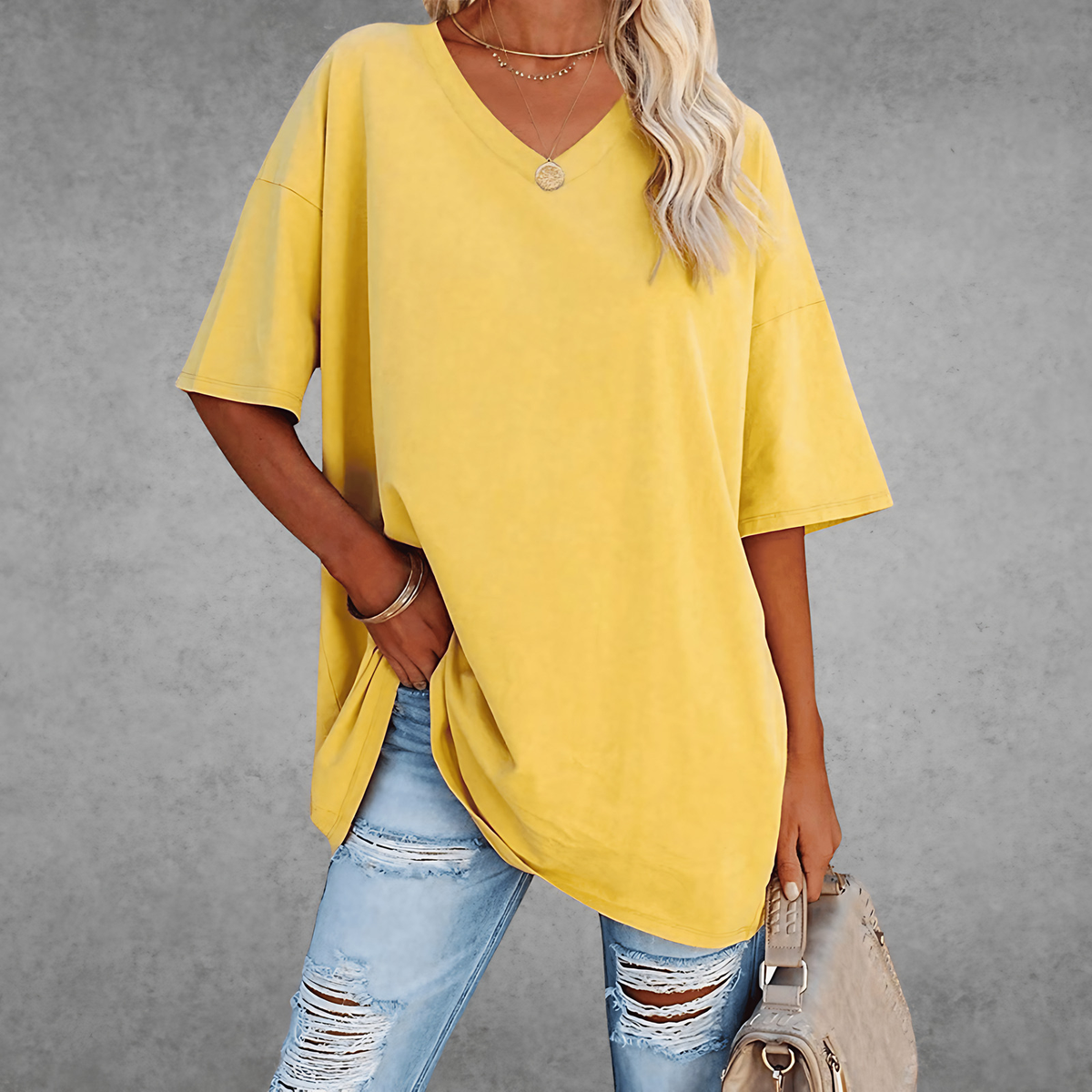 T-shirt femme oversize, col V, quatorze coloris, du XS au 3XL, jaune