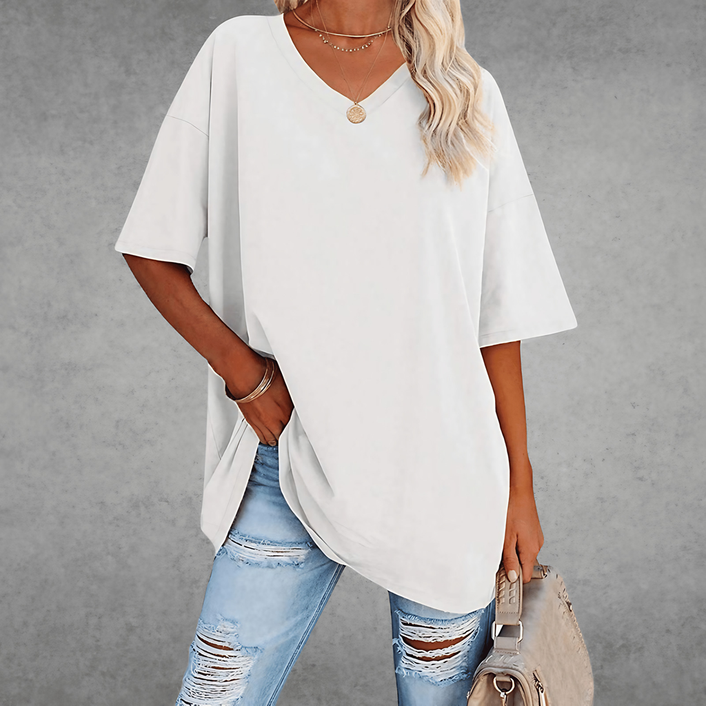 T-shirt femme oversize, col V, quatorze coloris, du XS au 3XL, blanc