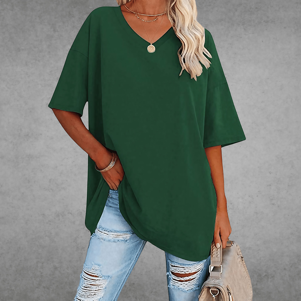 T-shirt femme oversize, col V, quatorze coloris, du XS au 3XL, vert foncé