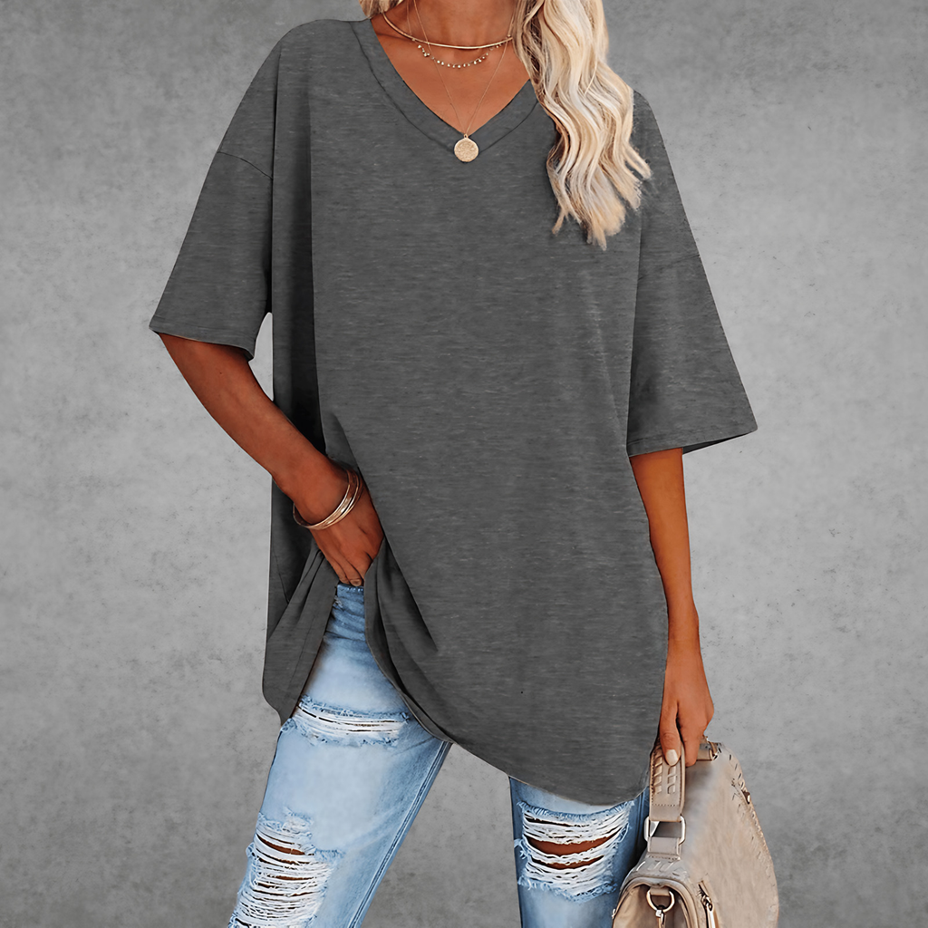 T-shirt femme oversize, col V, quatorze coloris, du XS au 3XL, gris foncé