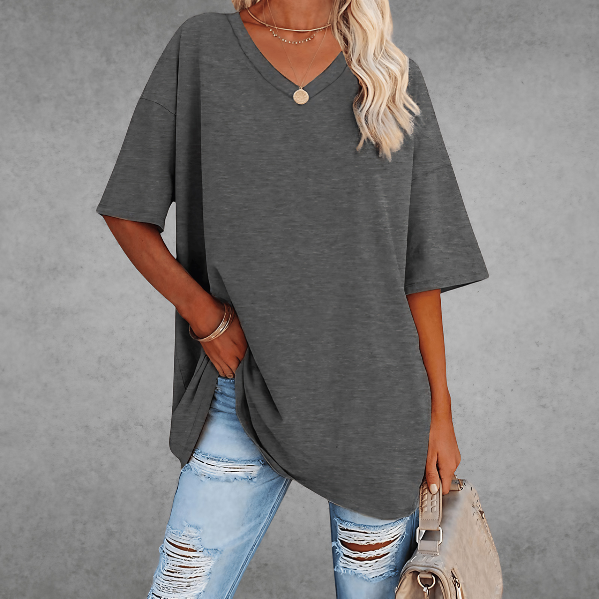 T-shirt femme oversize, col V, quatorze coloris, du XS au 3XL, gris foncé