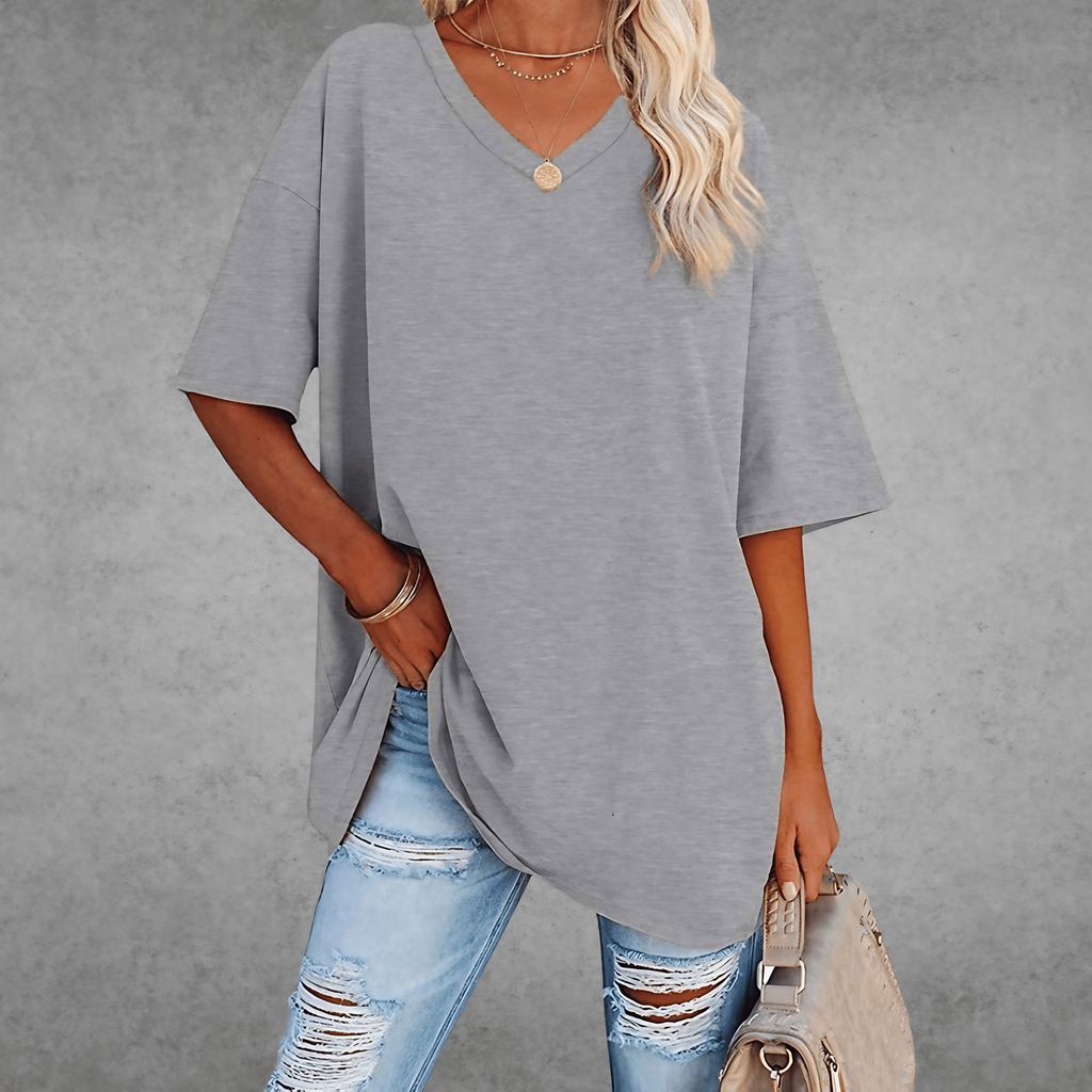 T-shirt femme oversize, col V, quatorze coloris, du XS au 3XL, gris clair