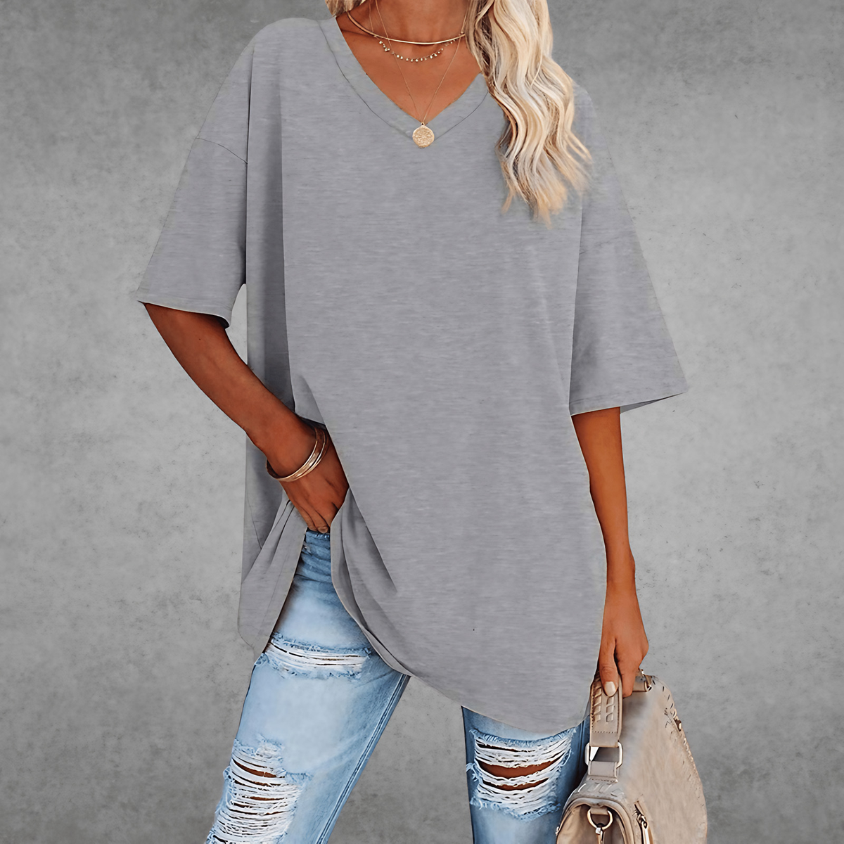 T-shirt femme oversize, col V, quatorze coloris, du XS au 3XL, gris clair