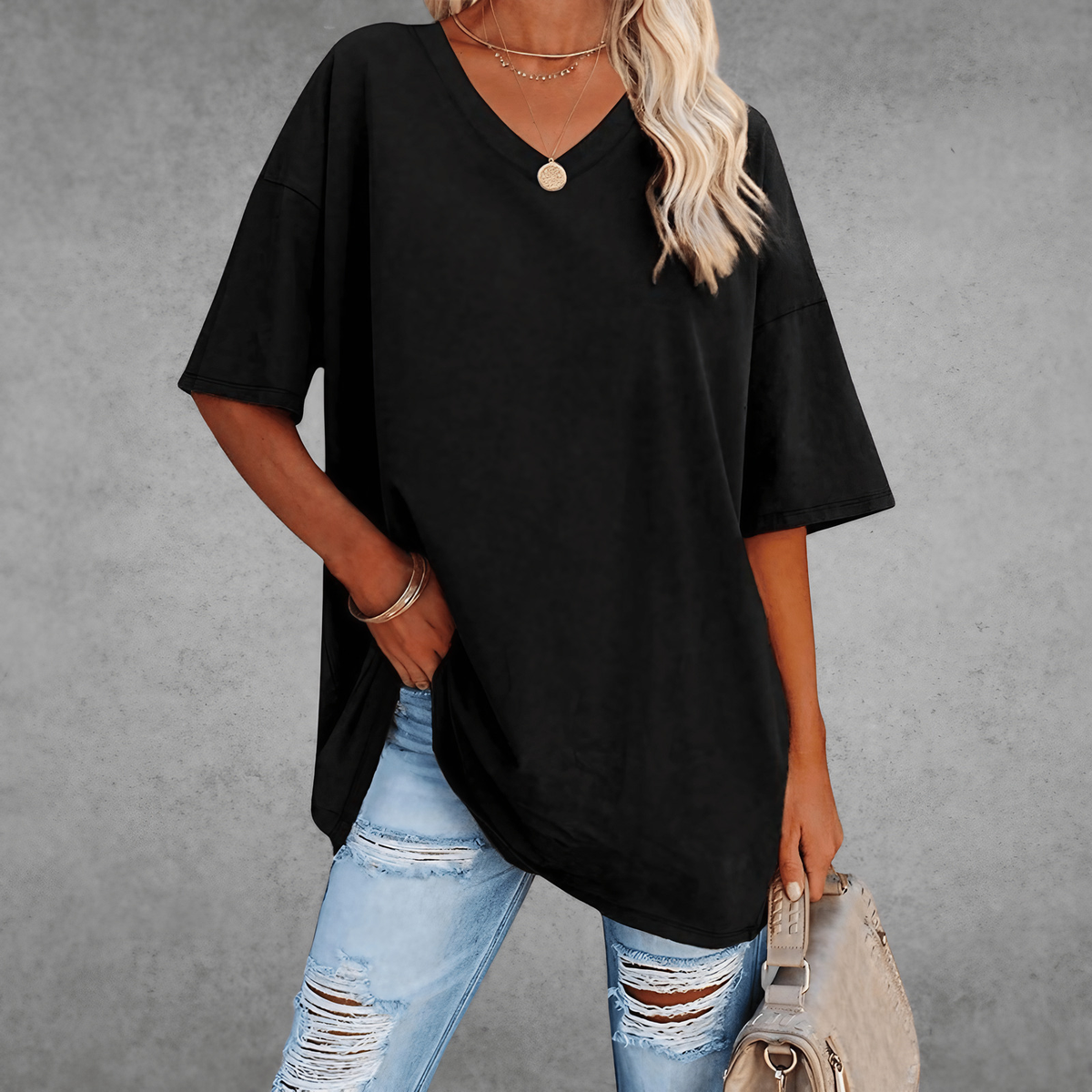 T-shirt femme oversize, col V, quatorze coloris, du XS au 3XL, noir