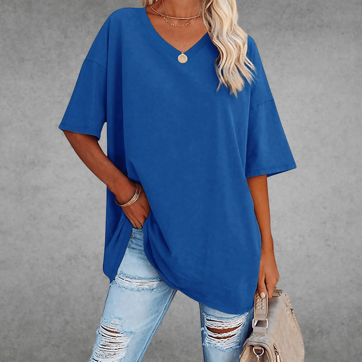 T-shirt femme oversize, col V, quatorze coloris, du XS au 3XL, bleu