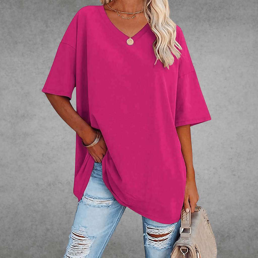 T-shirt femme oversize, col V, quatorze coloris, du XS au 3XL, rose foncé