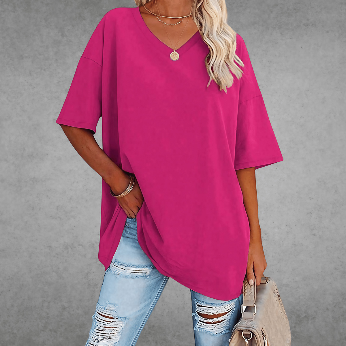 T-shirt femme oversize, col V, quatorze coloris, du XS au 3XL, rose foncé