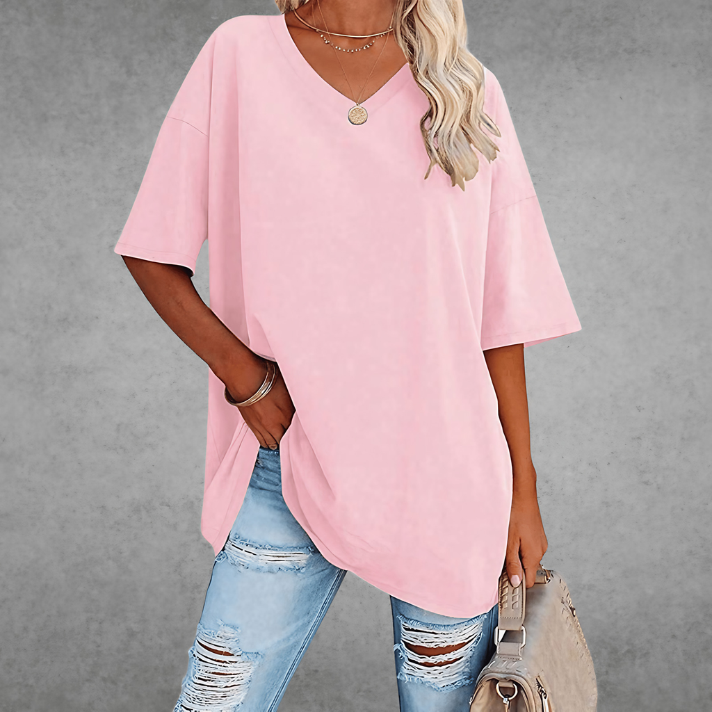 T-shirt femme oversize, col V, quatorze coloris, du XS au 3XL, rose clair