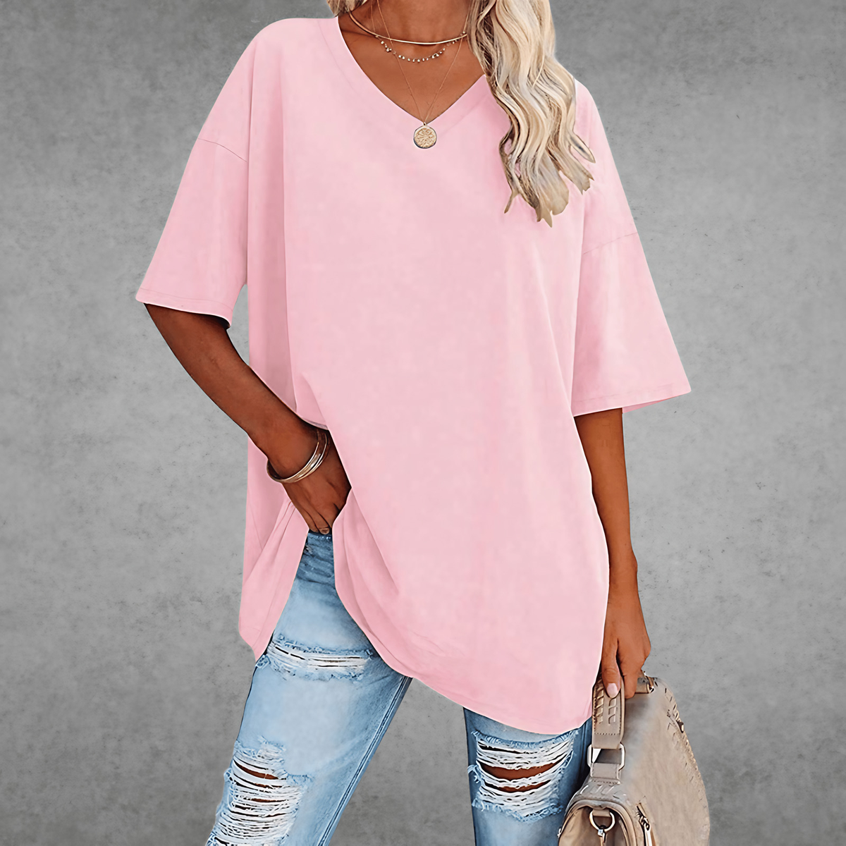 T-shirt femme oversize, col V, quatorze coloris, du XS au 3XL, rose clair