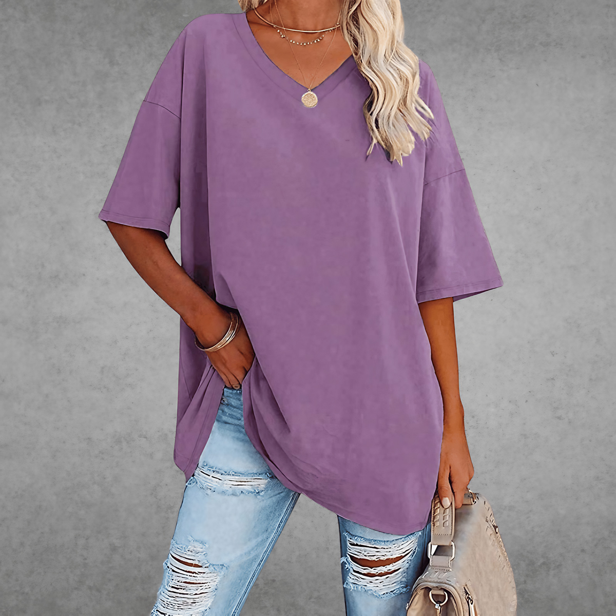 T-shirt femme oversize, col V, quatorze coloris, du XS au 3XL, lilas
