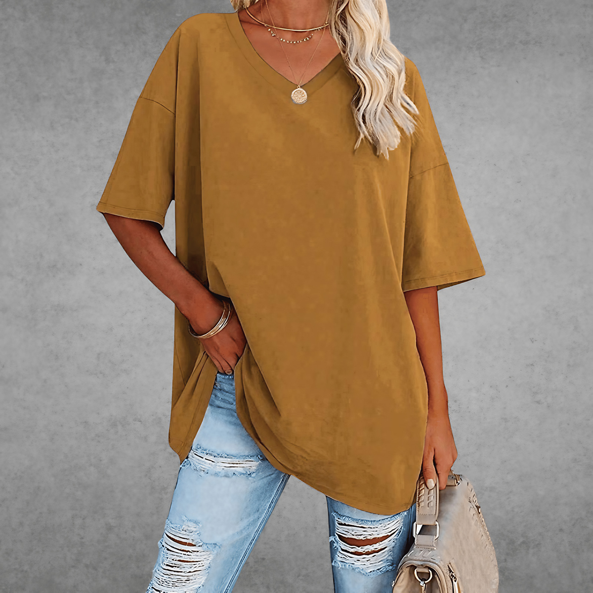T-shirt femme oversize, col V, quatorze coloris, du XS au 3XL, marron