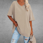 T-shirt femme oversize, col V, quatorze coloris, du XS au 3XL, beige