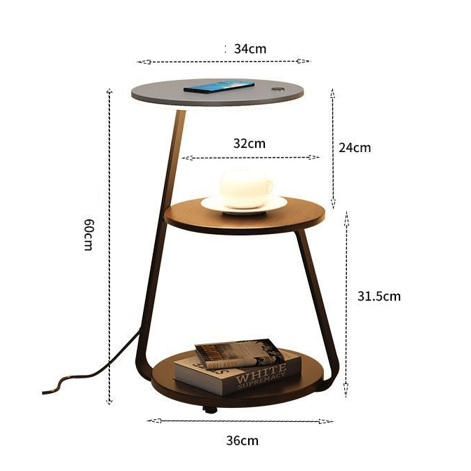 Table d'appoint à deux plateaux, acier et bois massif ou pierre