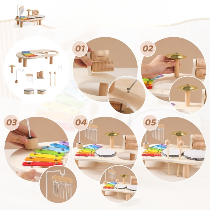 Table musicale en bois pour tout-petits, xylophone et tambours
