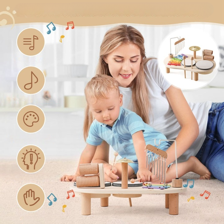 Table musicale en bois pour tout-petits, xylophone et tambours