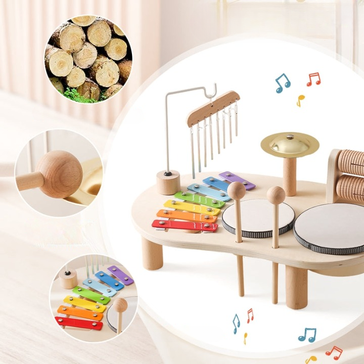 Table musicale en bois pour tout-petits, xylophone et tambours