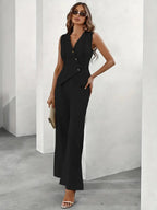 Tailleur femme deux pièces, gilet et pantalon ajusté, noir