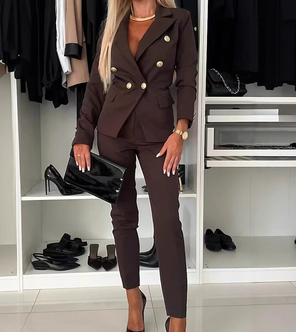 Tailleur pantalon femme, veste et pantalon ajusté, onze coloris, marron