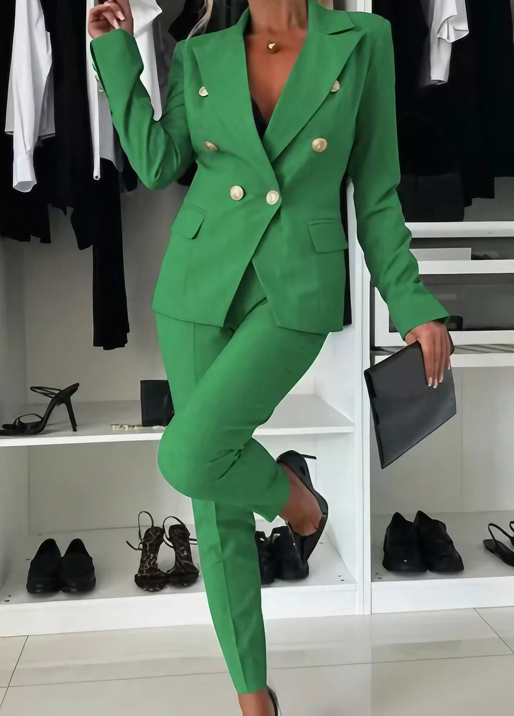 Tailleur pantalon femme, veste et pantalon ajusté, onze coloris, vert