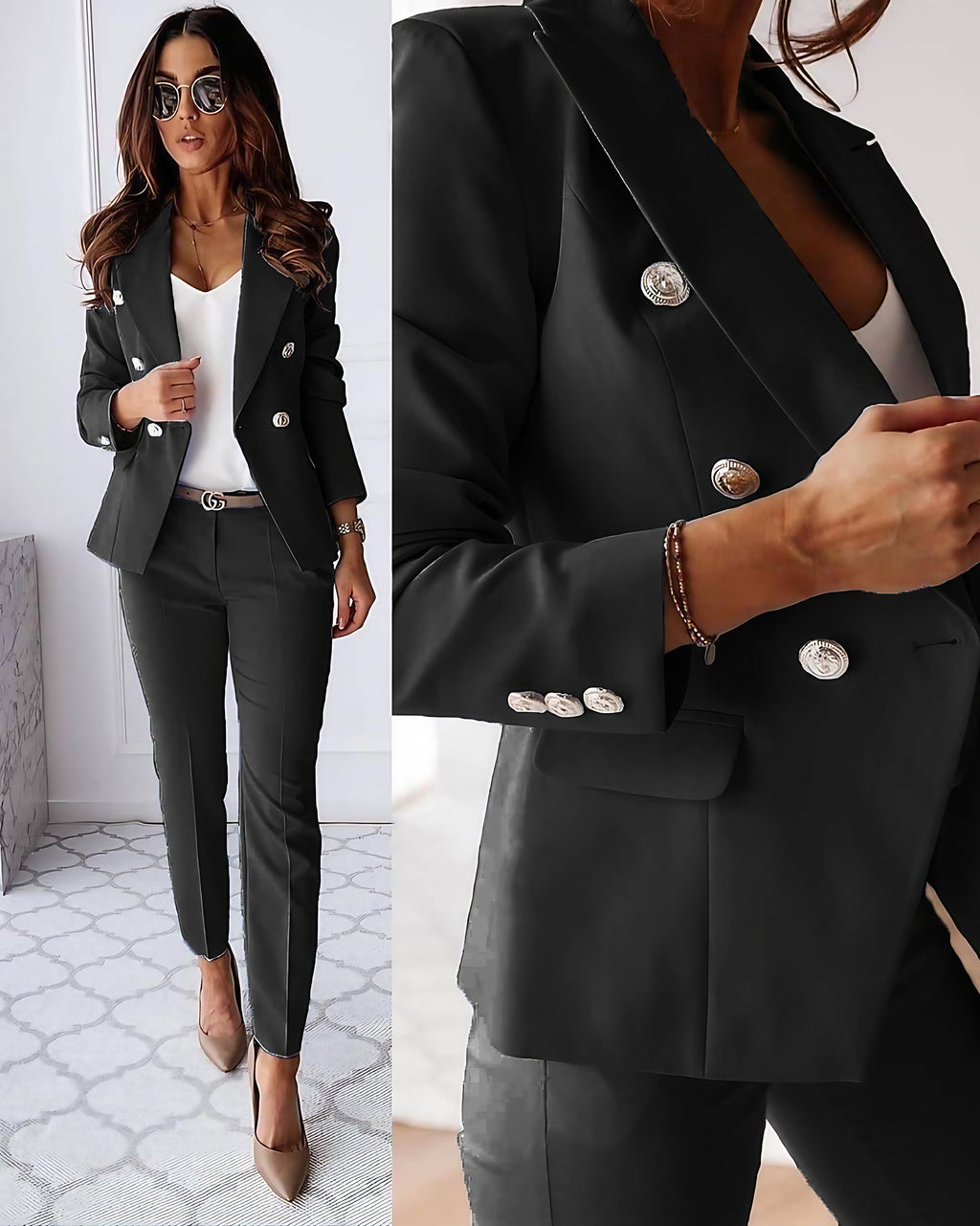 Tailleur pantalon femme, veste et pantalon ajusté, onze coloris, noir