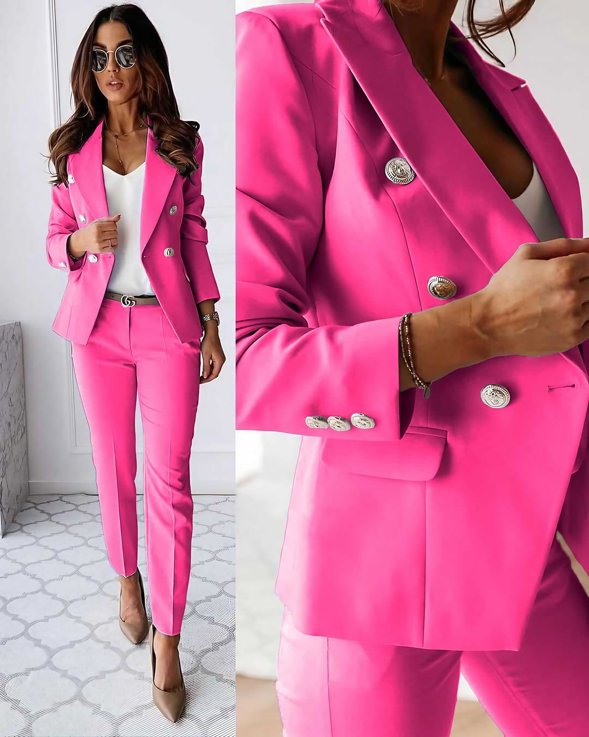 Tailleur pantalon femme, veste et pantalon ajusté, onze coloris, rose foncé