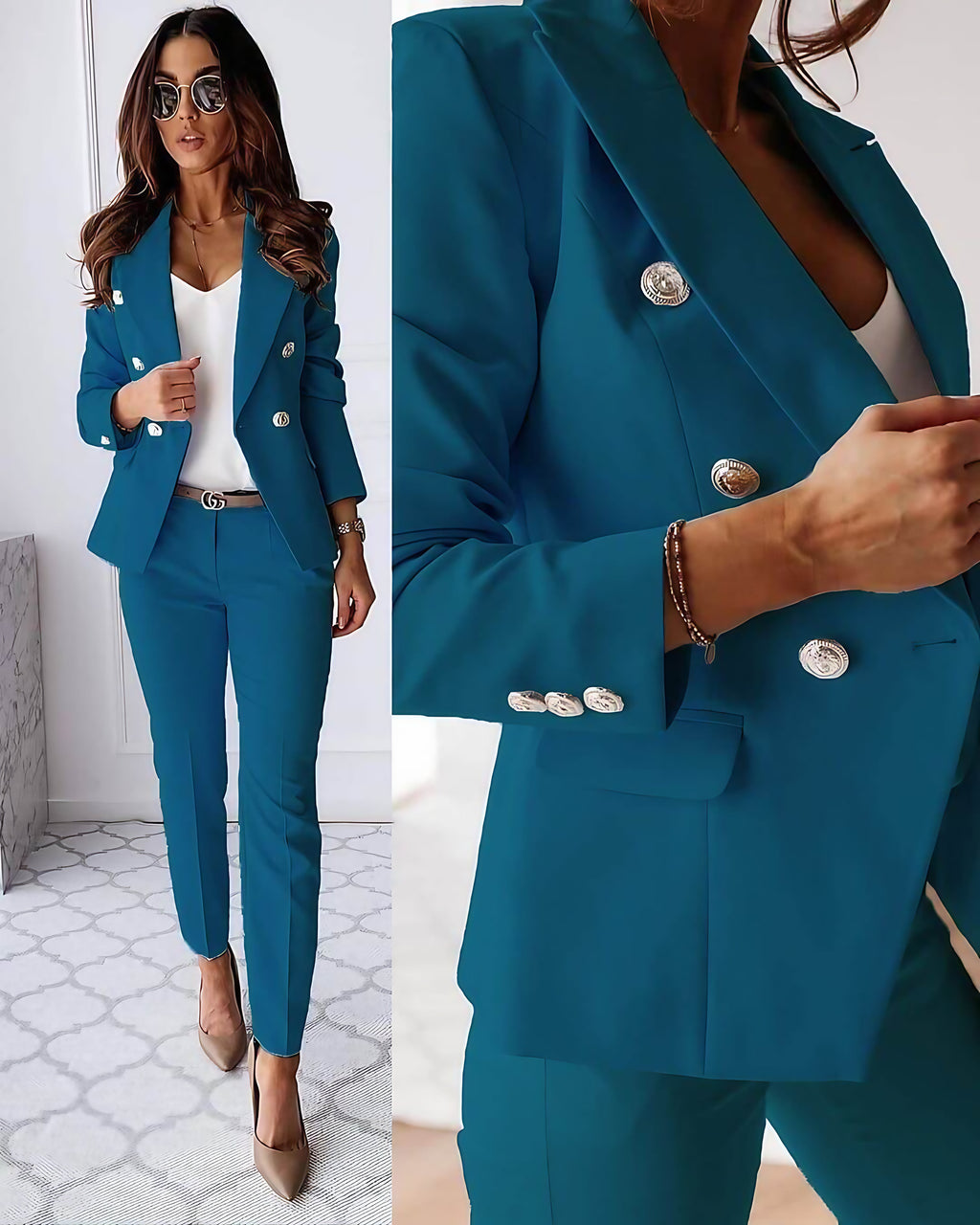 Tailleur pantalon femme, veste et pantalon ajusté, onze coloris, bleu pétrole