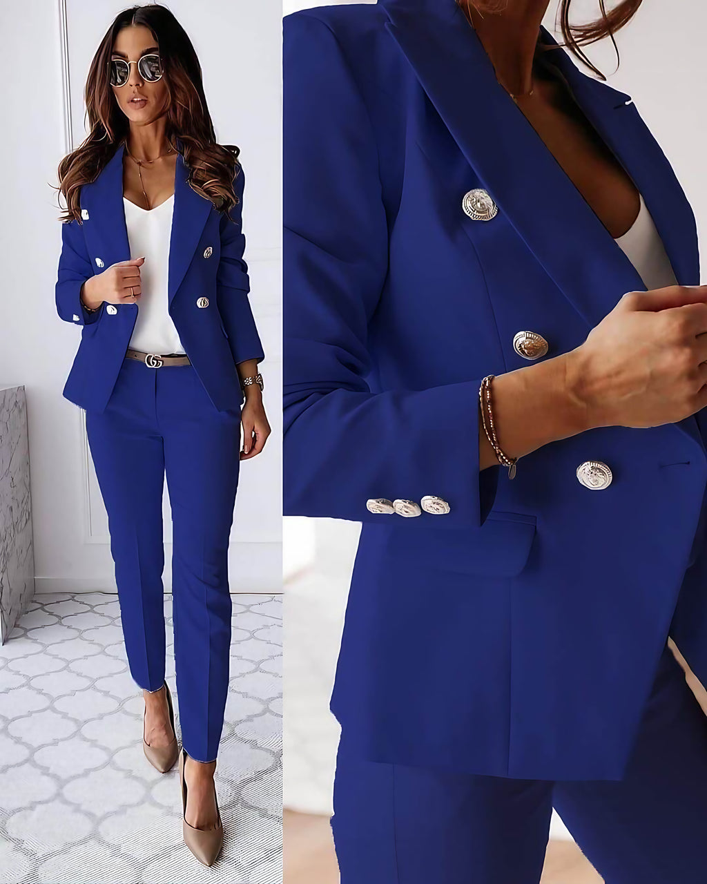 Tailleur pantalon femme, veste et pantalon ajusté, onze coloris, bleu marine