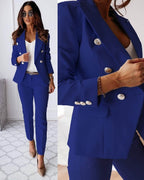 Tailleur pantalon femme, veste et pantalon ajusté, onze coloris, bleu marine