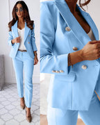 Tailleur pantalon femme, veste et pantalon ajusté, onze coloris, bleu clair