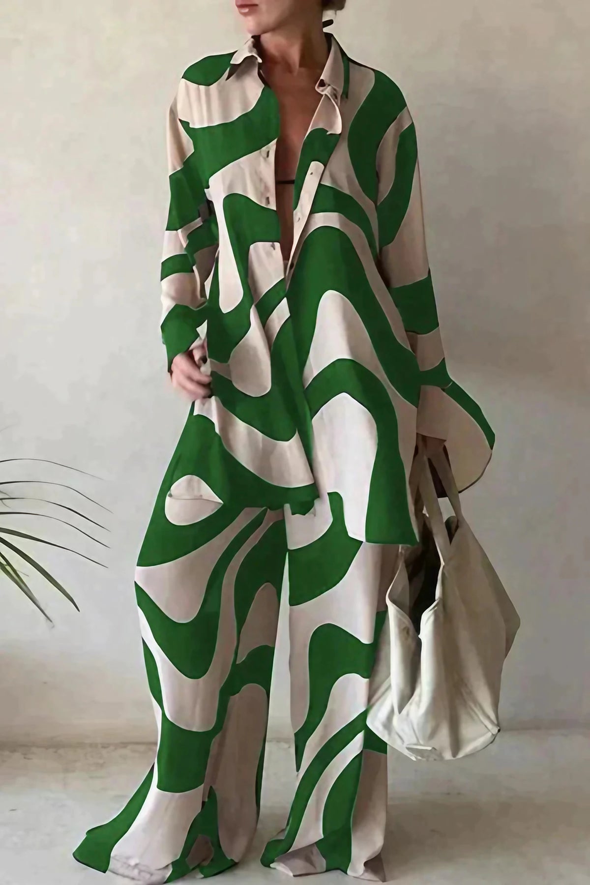 Ensemble blouse et pantalon femme à motif géométrique, beige et vert