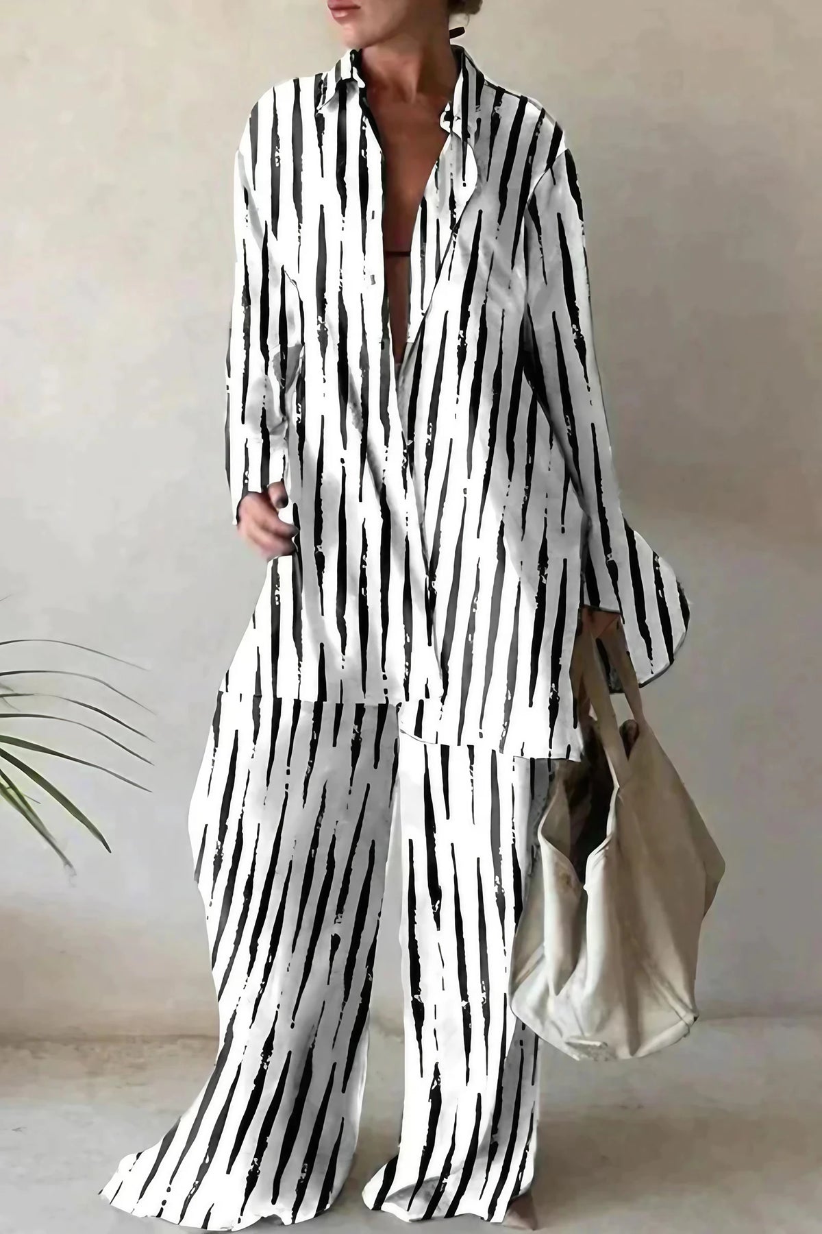 Ensemble blouse et pantalon femme à motif géométrique, blanc et noir