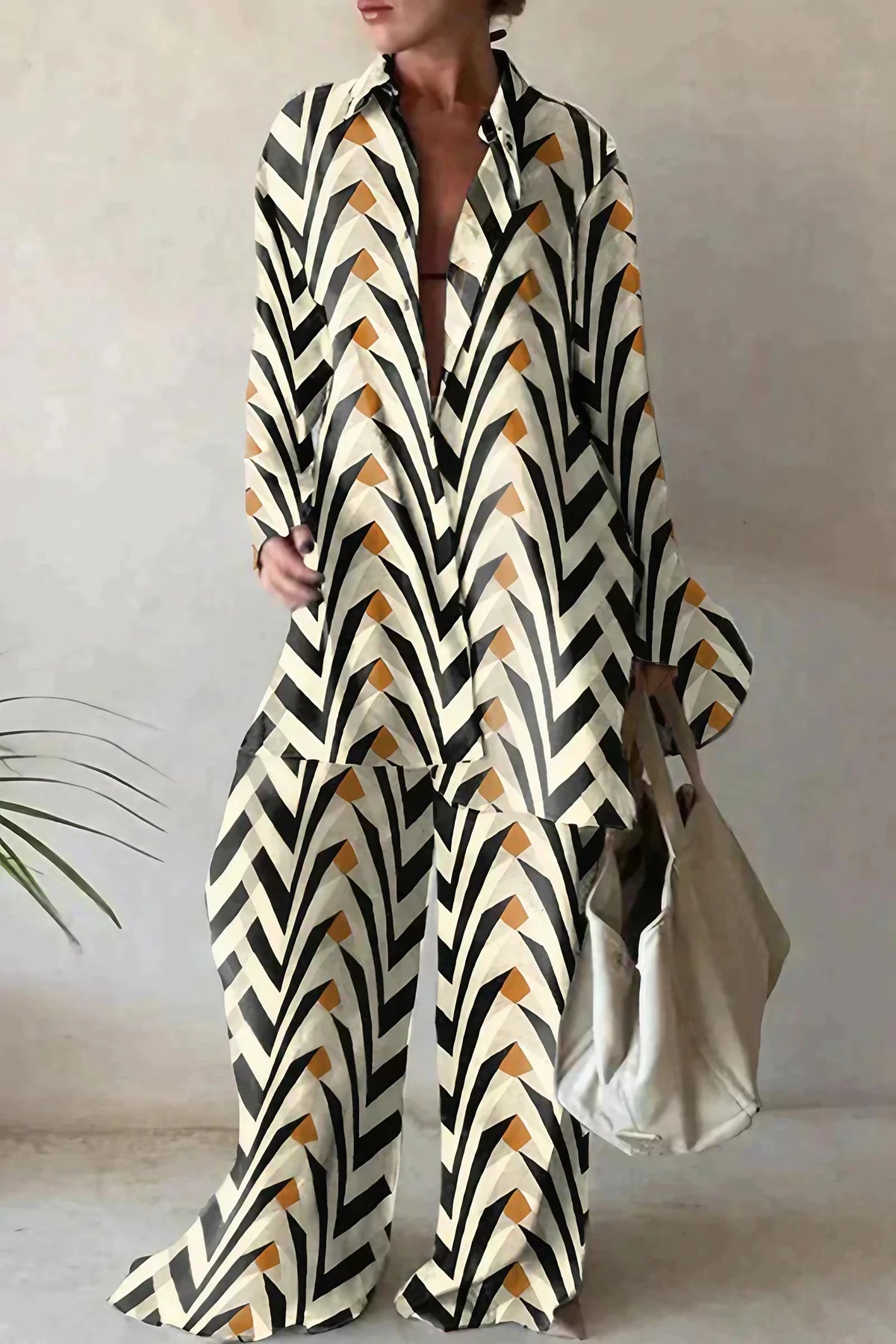 Ensemble blouse et pantalon femme à motif géométrique, jaune et noir
