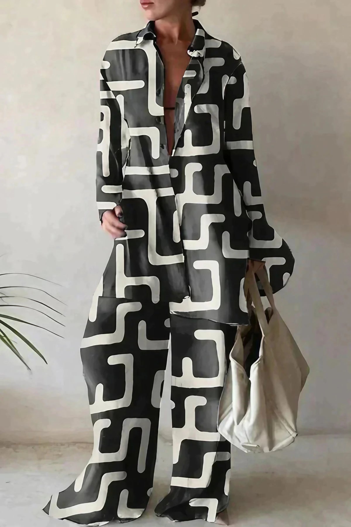 Ensemble blouse et pantalon femme à motif géométrique, blanc et gris