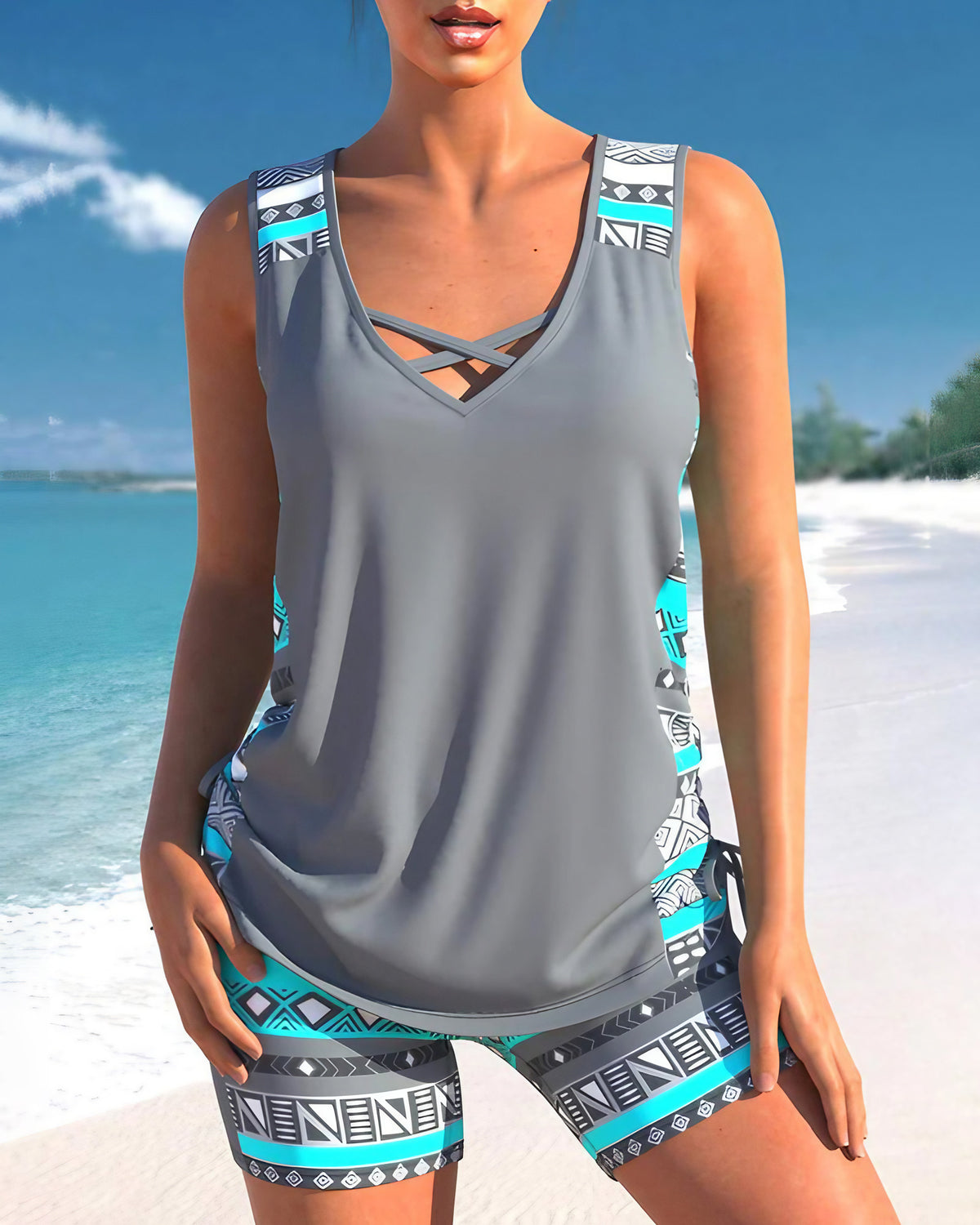 Tankini femme à motif géométrique avec short, du XS au 3XL, gris