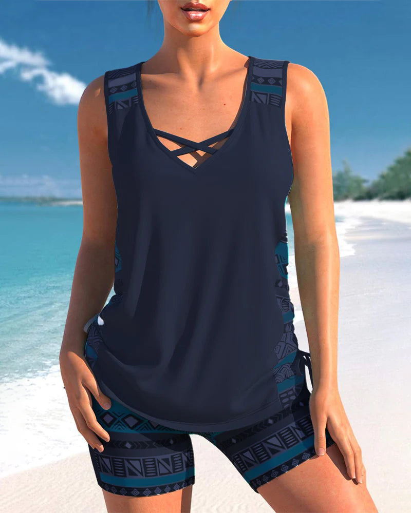 Tankini femme à motif géométrique avec short, du XS au 3XL, bleu