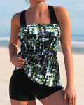 Tankini femme imprimé avec short, décolleté carré, du XS au 3XL, vert
