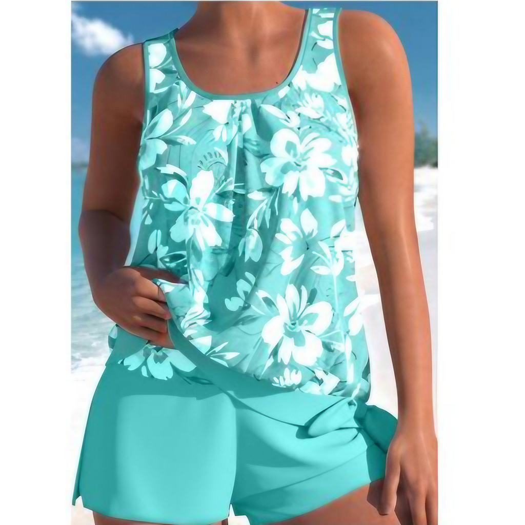Tankini femme fleuri avec short, haut sans manches, bleu 01