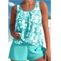 Tankini femme fleuri avec short, haut sans manches, bleu 01