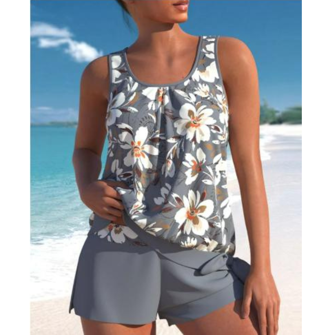 Tankini femme fleuri avec short, haut sans manches, gris foncé