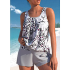 Tankini femme fleuri avec short, haut sans manches, gris