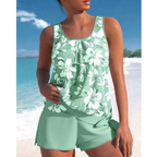 Tankini femme fleuri avec short, haut sans manches, vert