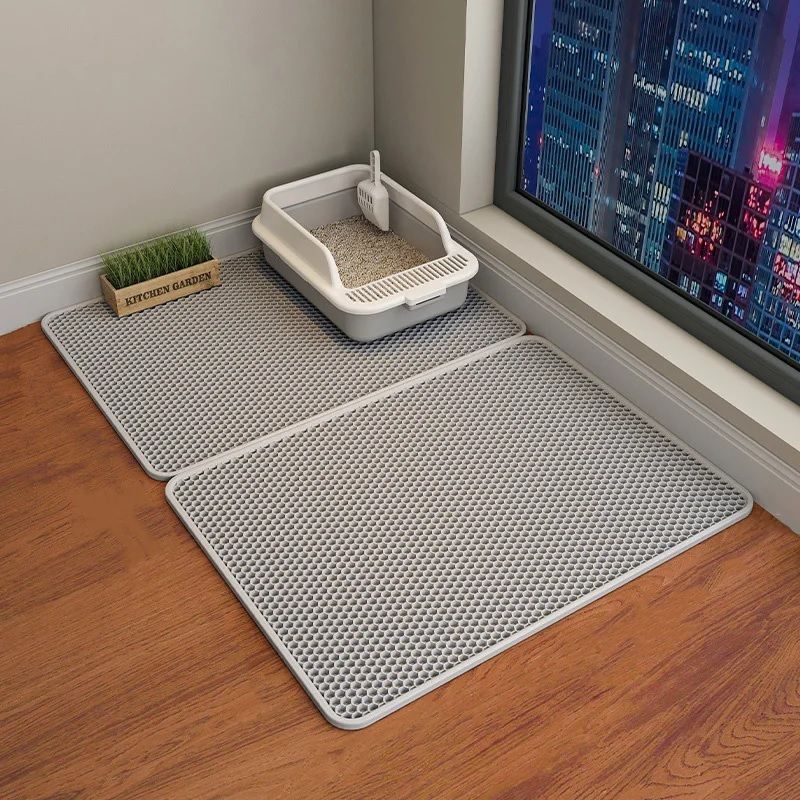 Tapis de litière pour chat en EVA, double couche alvéolée, gris