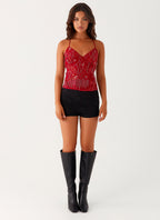 Top caraco à sequins dos nu, bretelles croisées, du S au XL, rouge
