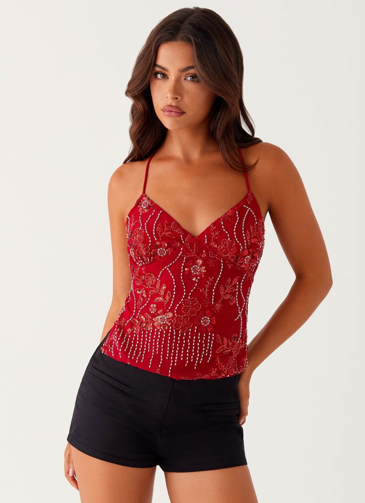 Top caraco à sequins dos nu, bretelles croisées, du S au XL