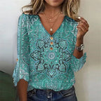 Haut imprimé femme col V, manches 3/4, du S au 2XL, vert