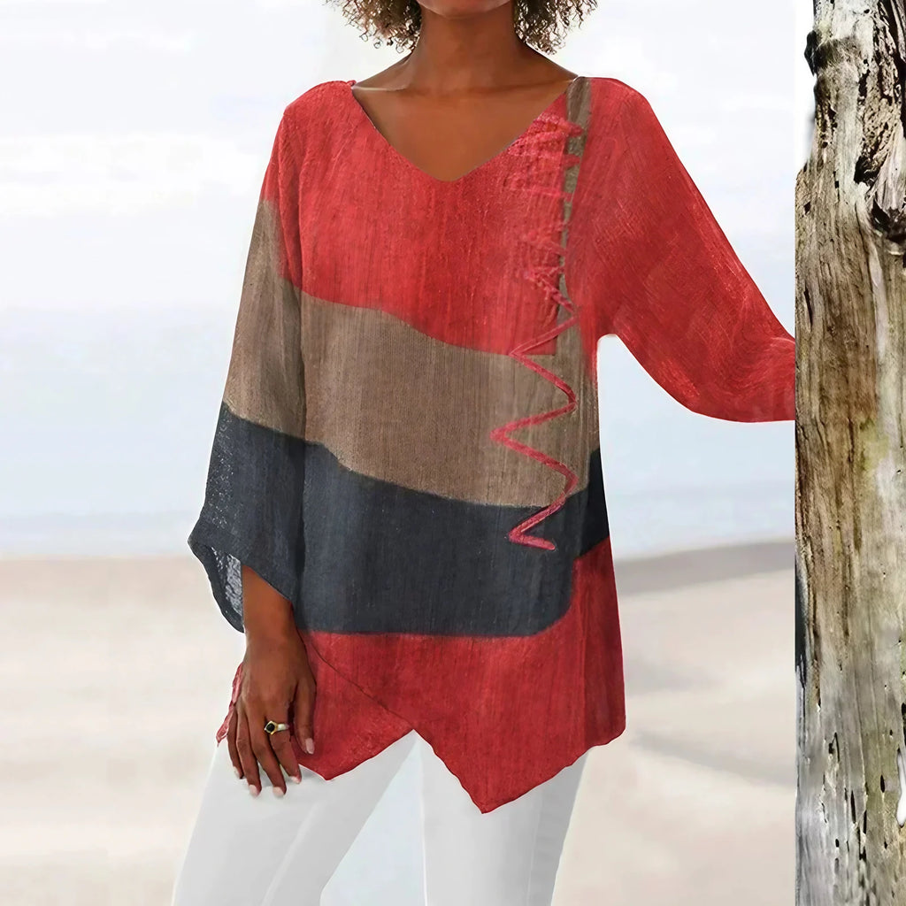 Top bicolore femme à col V, manches longues, du XS au 3XL, rouge