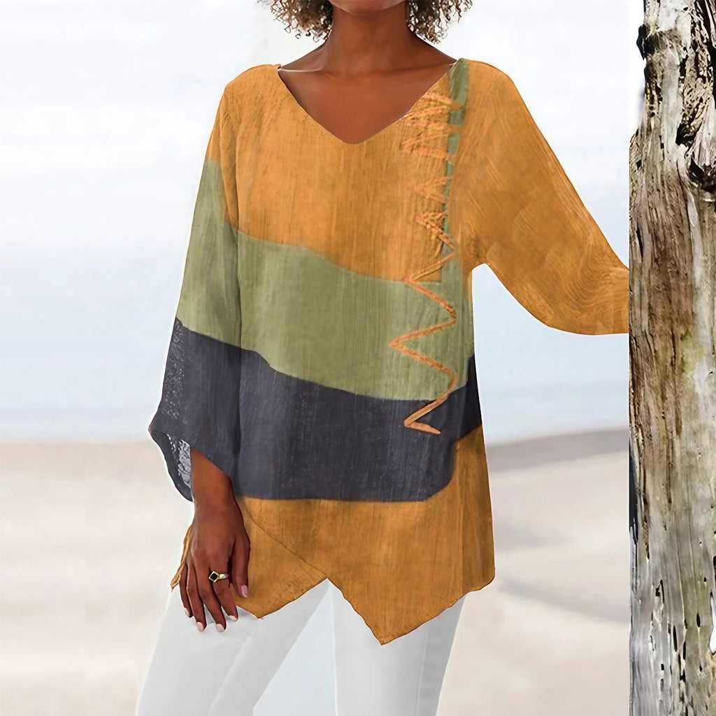 Top bicolore femme à col V, manches longues, du XS au 3XL, jaune