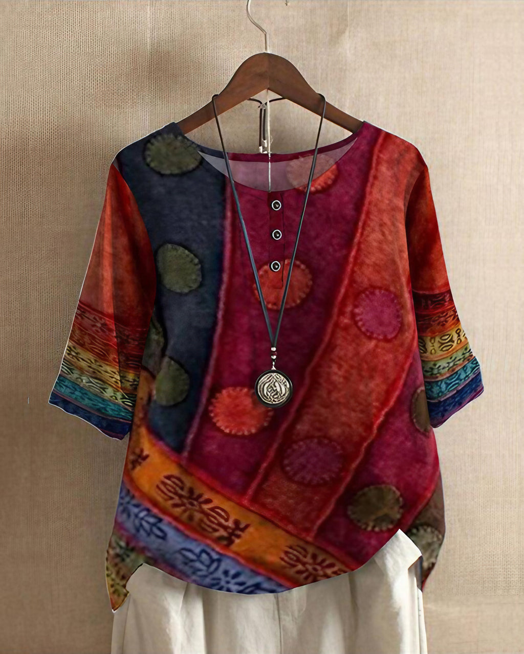 Haut bohème femme à motifs entrelacés, manches courtes, rouge