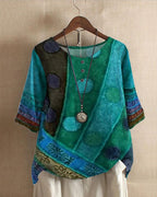 Haut bohème femme à motifs entrelacés, manches courtes, vert